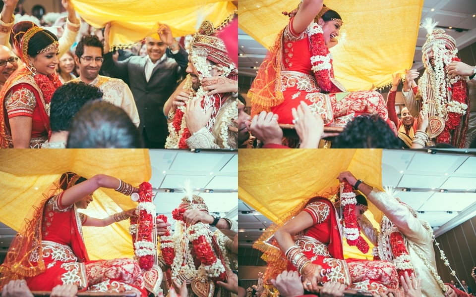 bride and groom go through traditions at indian wedding